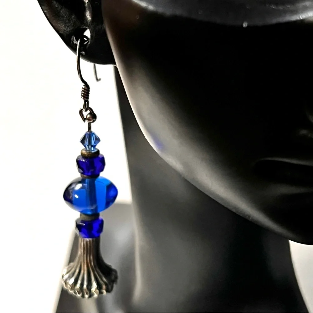 Cobalt Blue Glass & Silver-tone Beaded Pierced Earrings Handmade  2